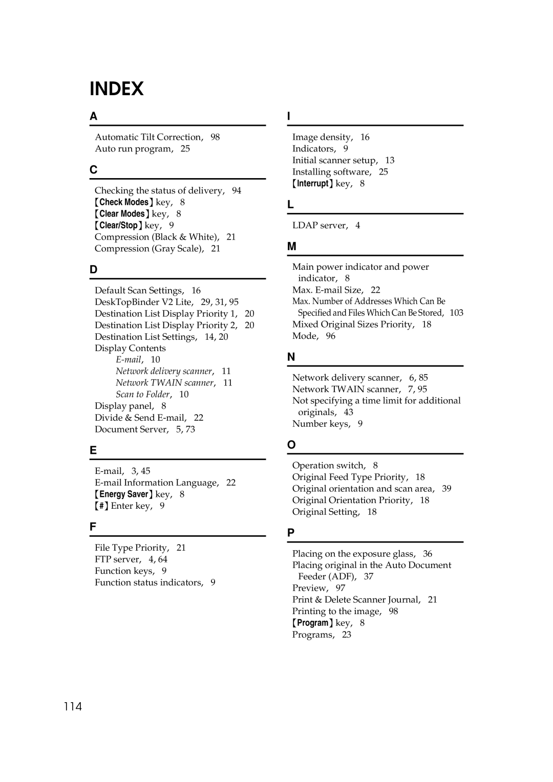 Savin 2045e appendix Index, 114 