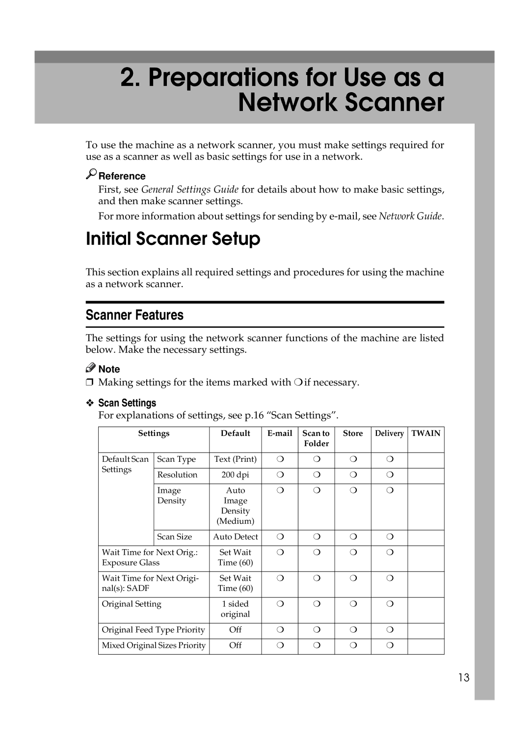 Savin 2045e appendix Initial Scanner Setup, Scanner Features, Scan Settings 