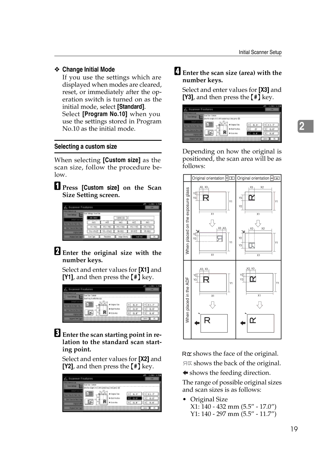 Savin 2045e appendix Change Initial Mode, Selecting a custom size, Enter the scan size area with the number keys 