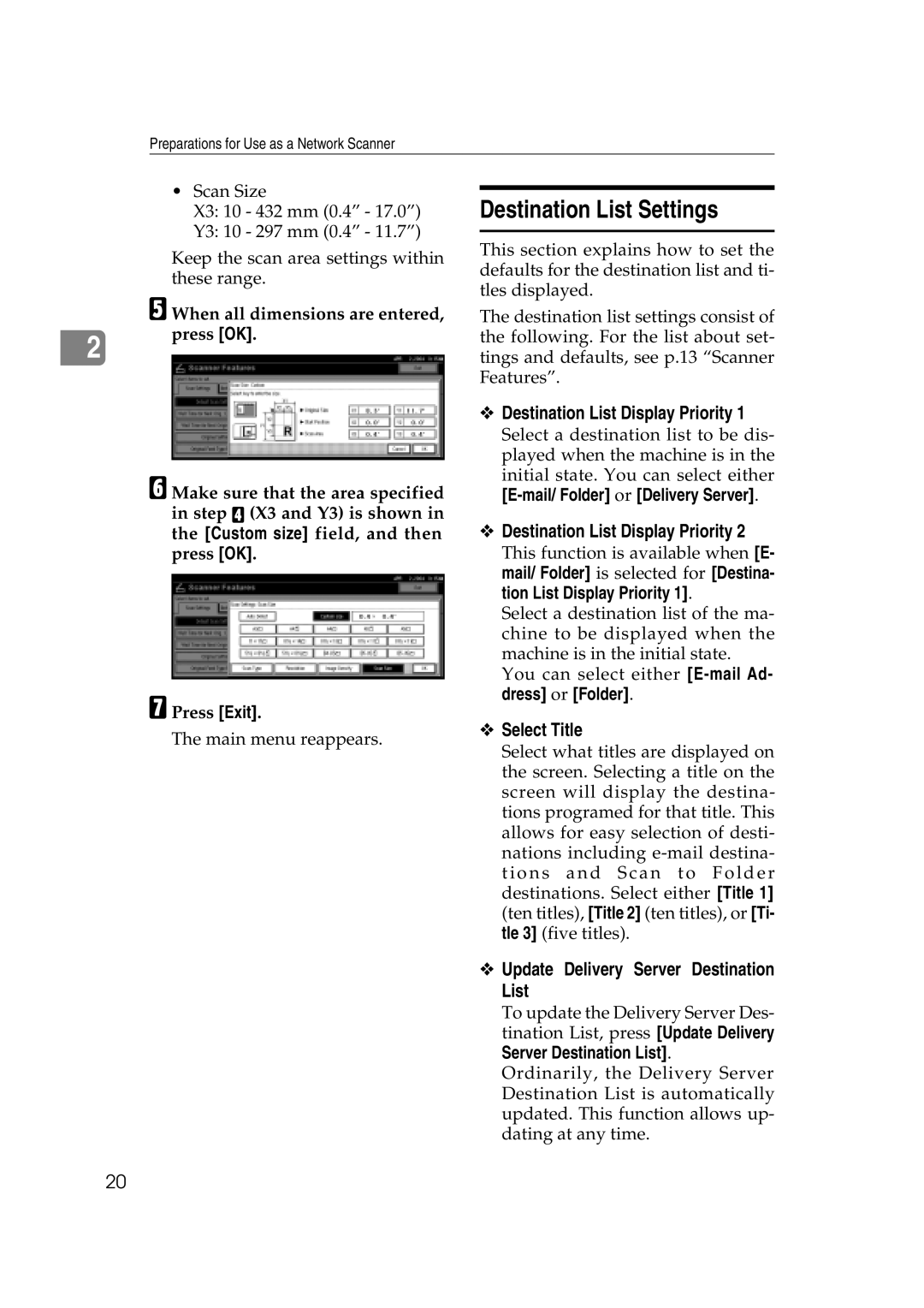 Savin 2045e Destination List Settings, Destination List Display Priority, Select Title, Mail/ Folder or Delivery Server 