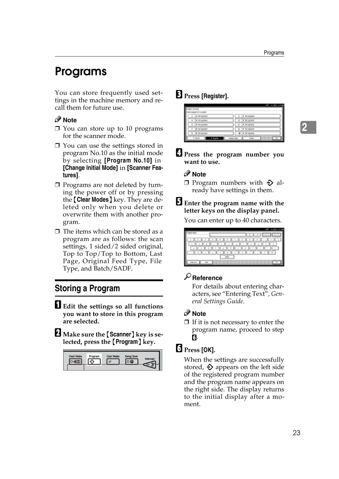 Savin 2045e appendix Programs, Storing a Program, Change Initial Mode in Scanner Fea- tures, Press Register 