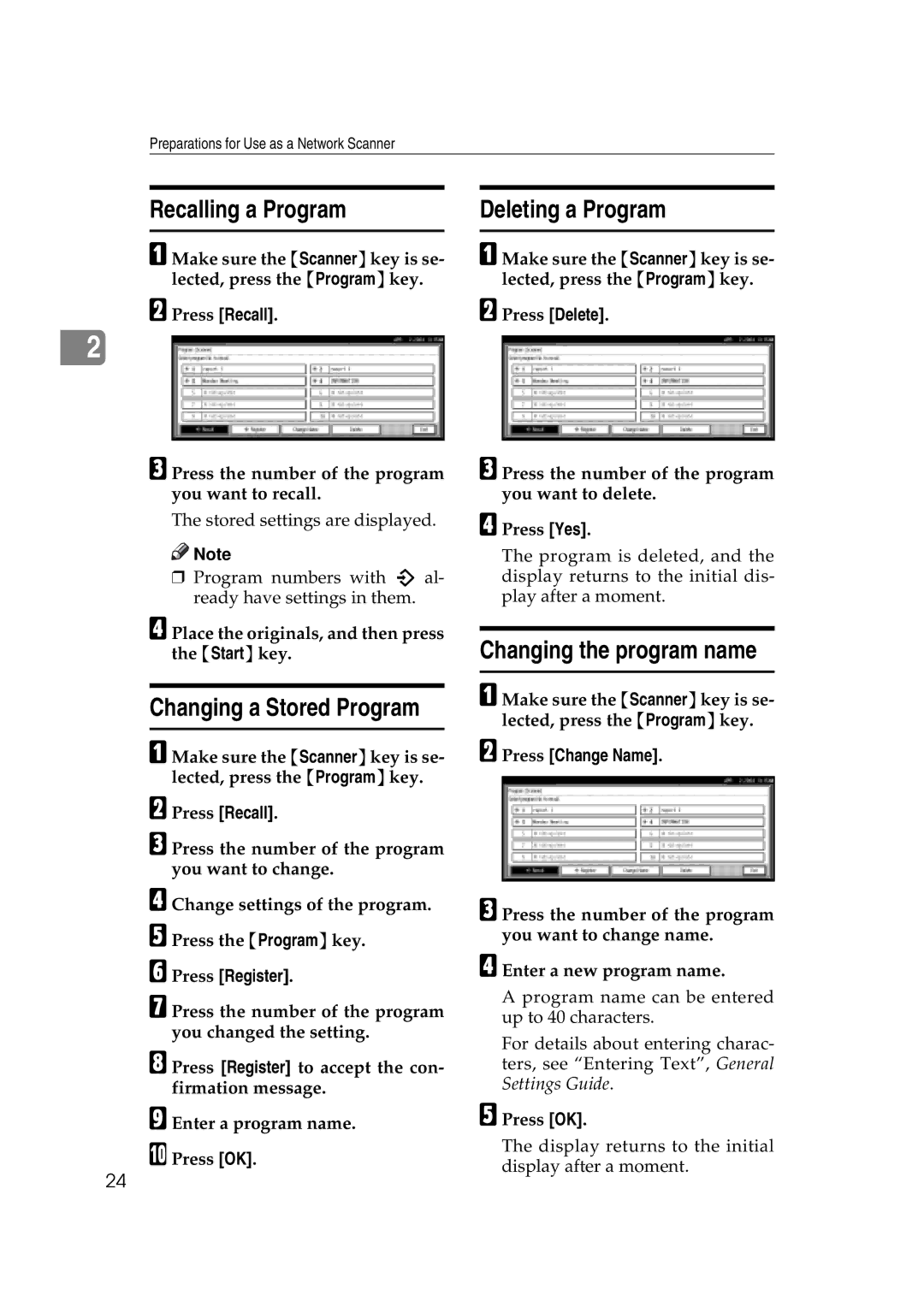 Savin 2045e appendix Recalling a Program, Deleting a Program, Changing a Stored Program, Changing the program name 