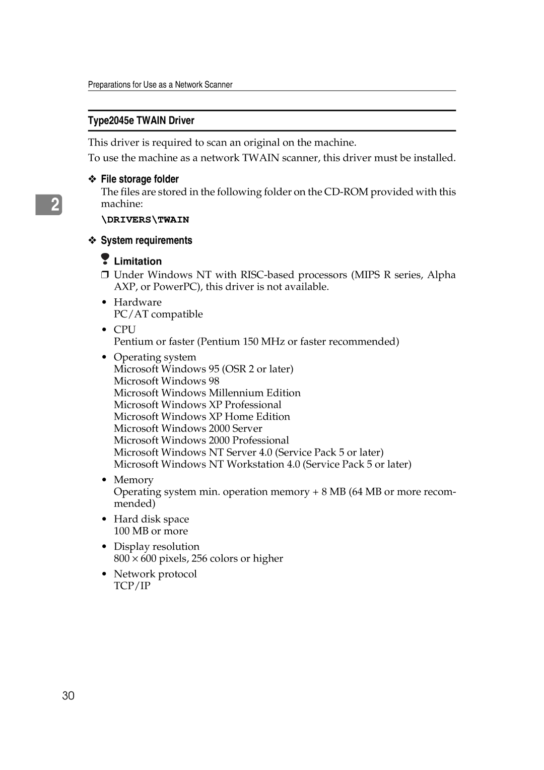 Savin appendix Type2045e Twain Driver, File storage folder, System requirements 