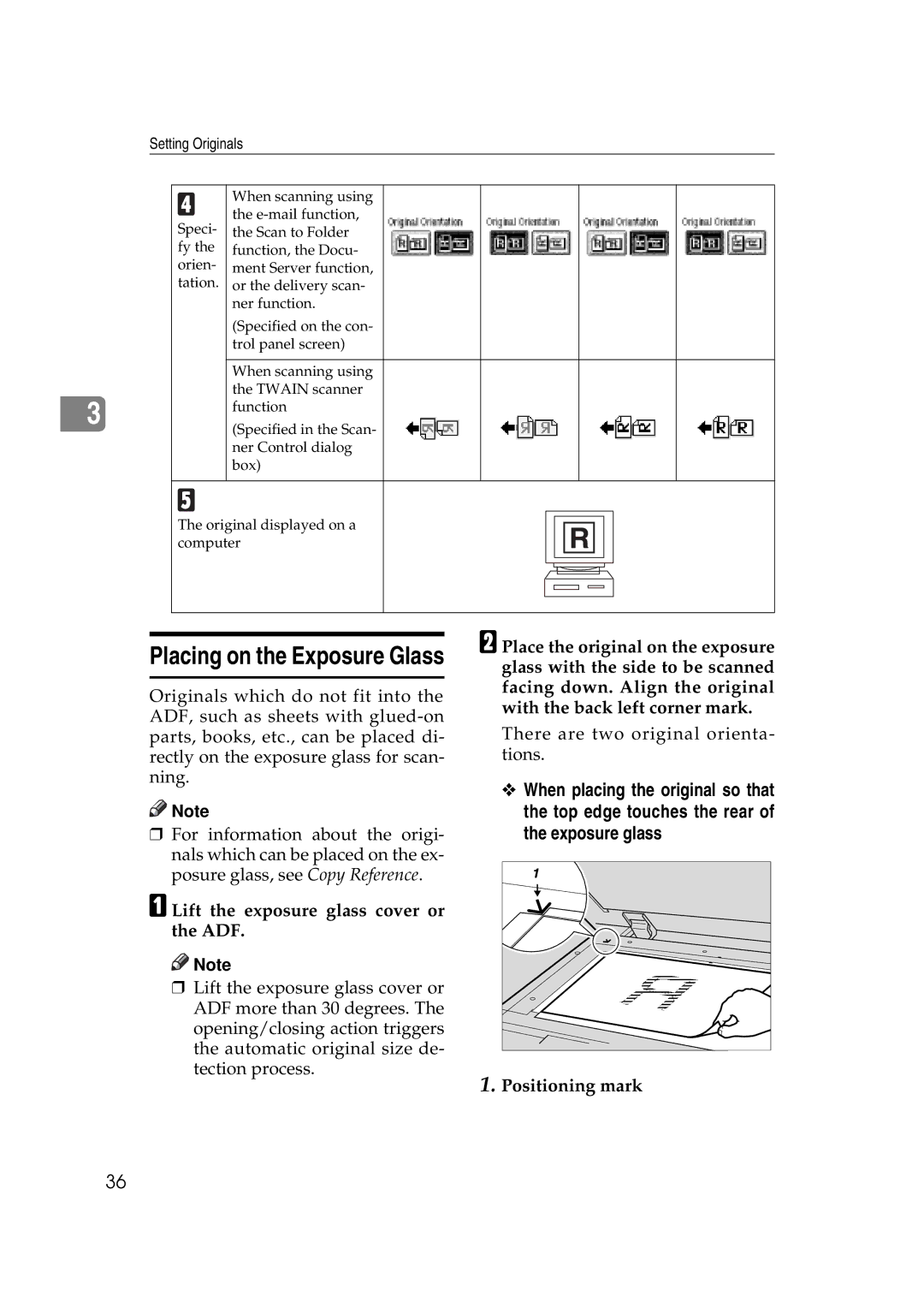 Savin 2045e appendix Lift the exposure glass cover or the ADF, Setting Originals 