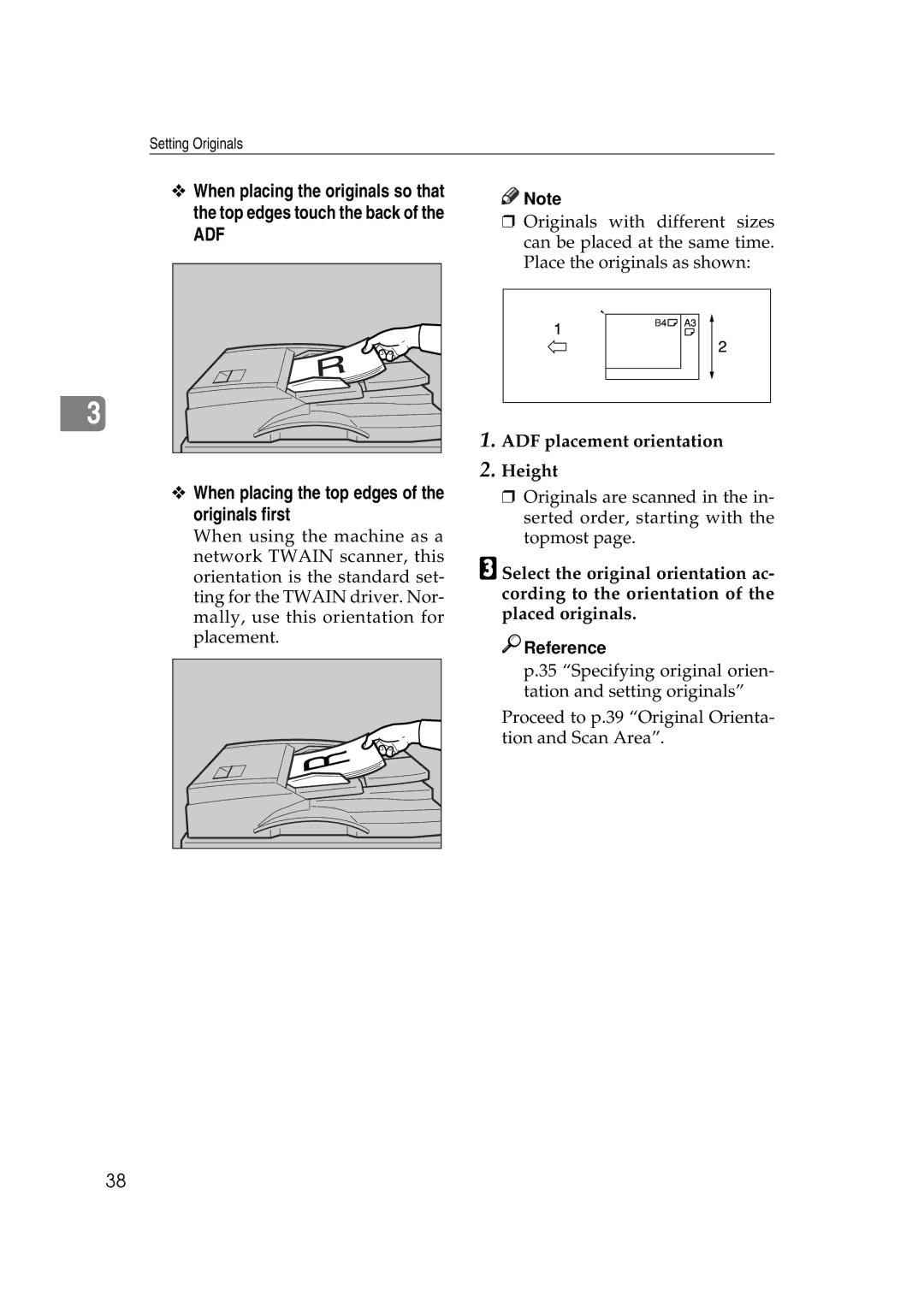 Savin 2045e appendix When placing the top edges of the originals first, ADF placement orientation Height 