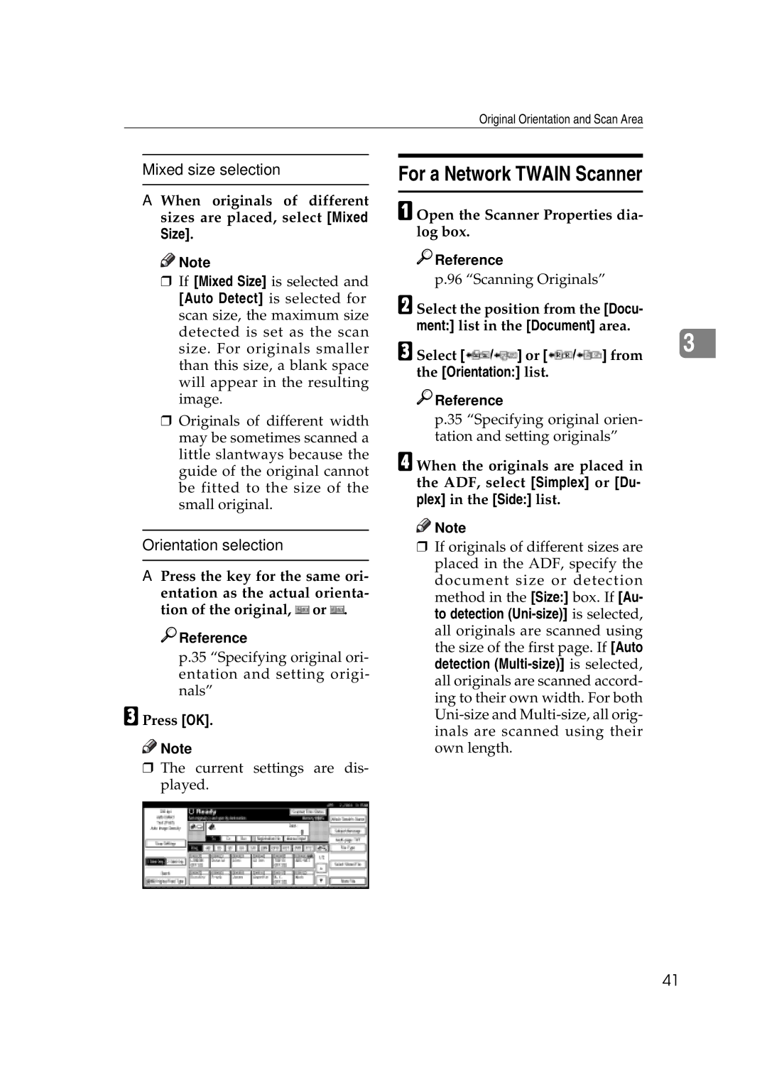 Savin 2045e appendix For a Network Twain Scanner, Mixed size selection, Orientation selection 