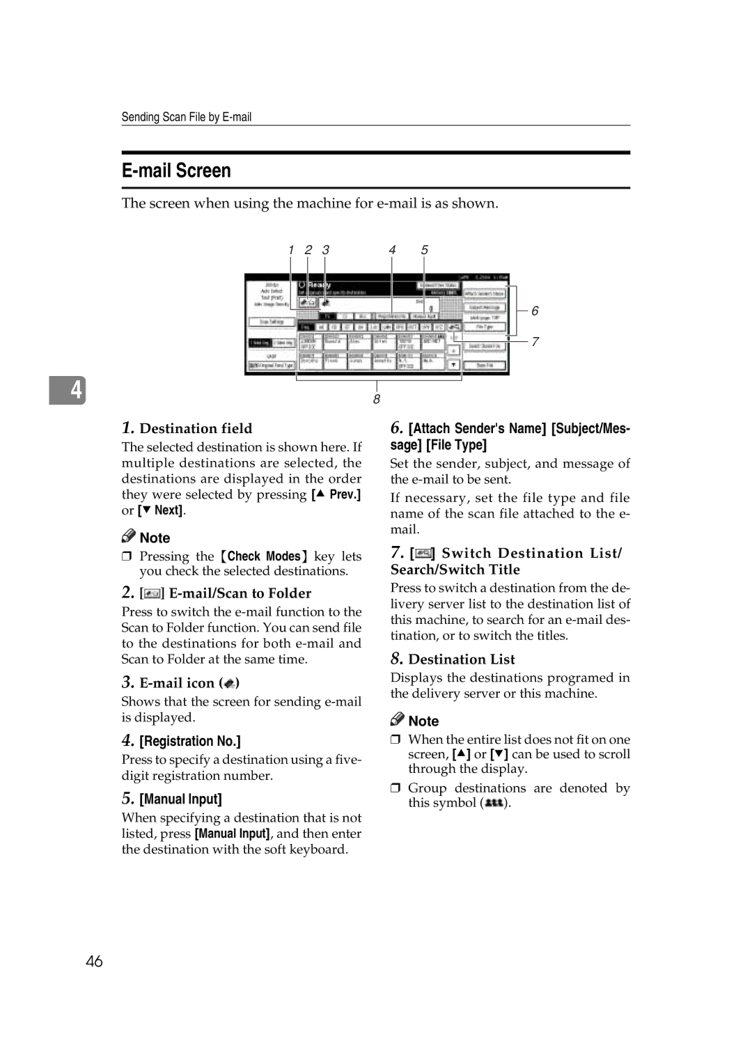 Savin 2045e appendix Mail Screen, Registration No, Manual Input, Attach Senders Name Subject/Mes- sage File Type 