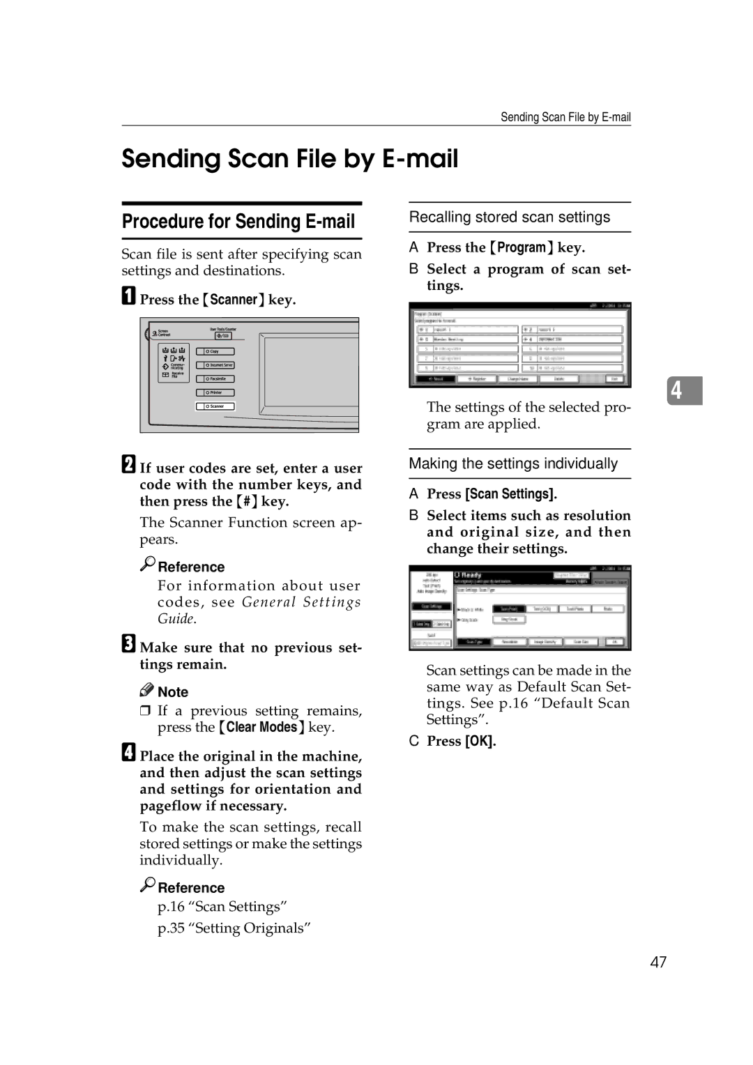 Savin 2045e Sending Scan File by E-mail, Procedure for Sending E-mail, Recalling stored scan settings, Press Scan Settings 