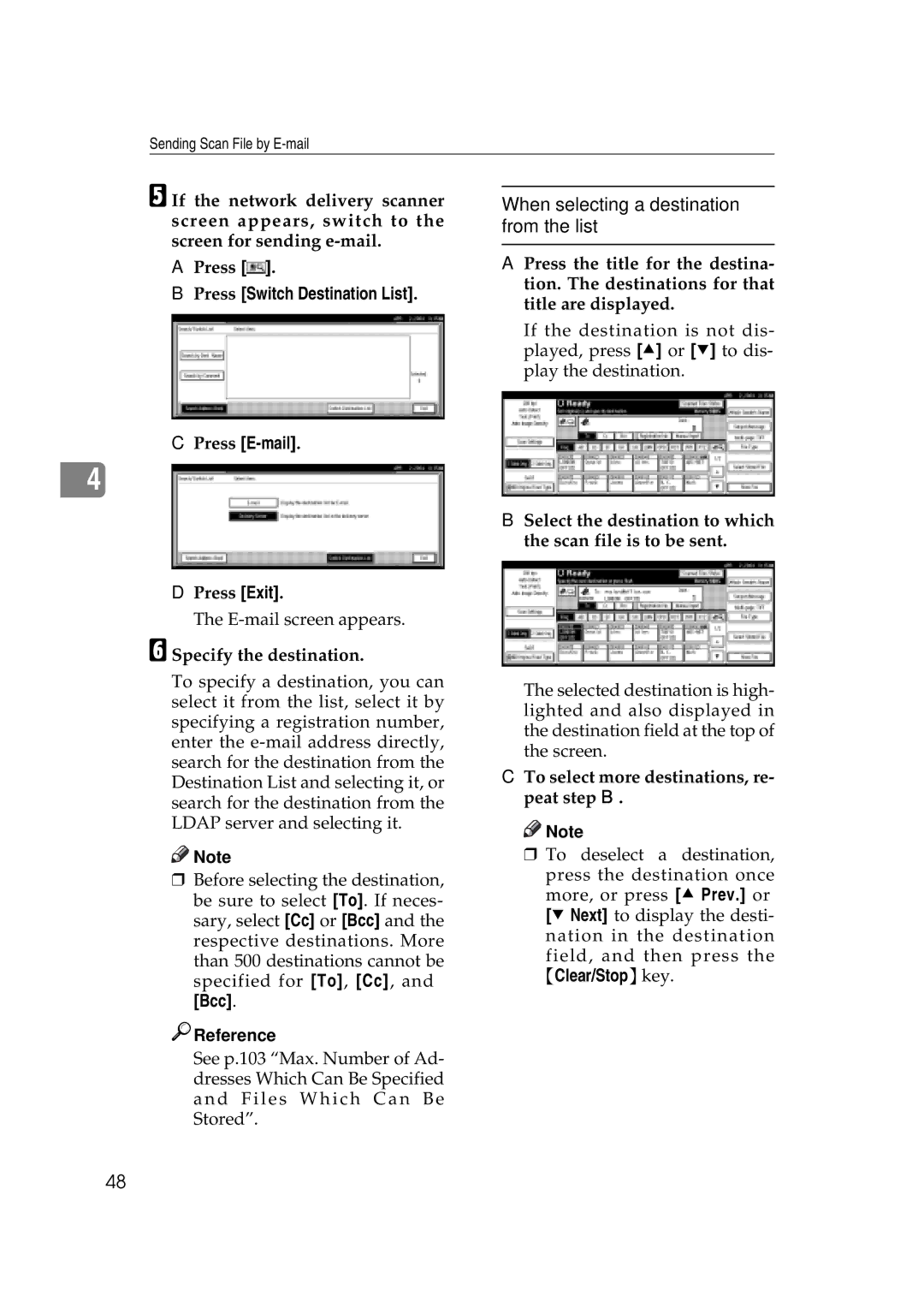 Savin 2045e appendix When selecting a destination from the list, Press Switch Destination List Press E-mail, Bcc Reference 