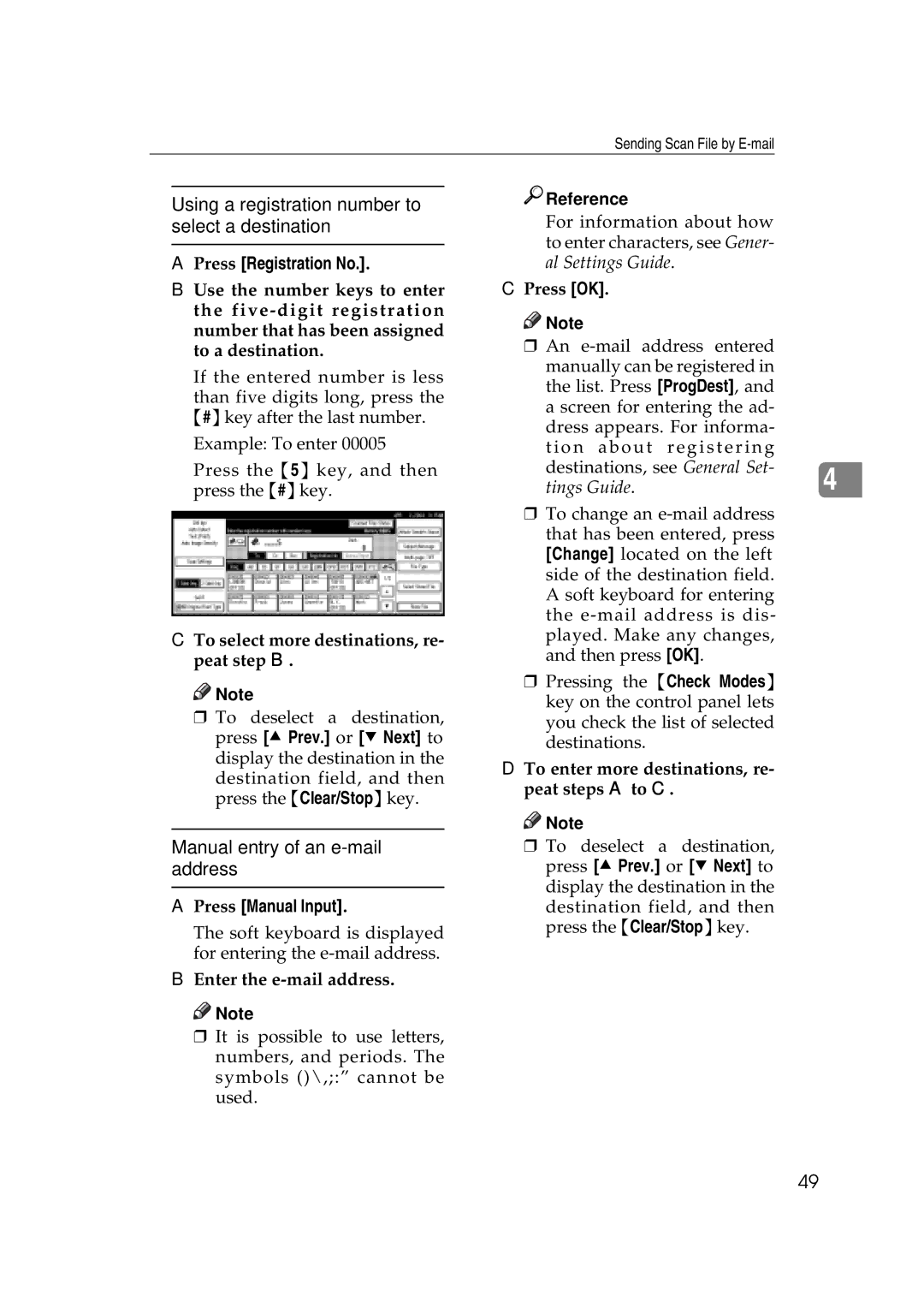 Savin 2045e Using a registration number to select a destination, Manual entry of an e-mail address, Press Registration No 