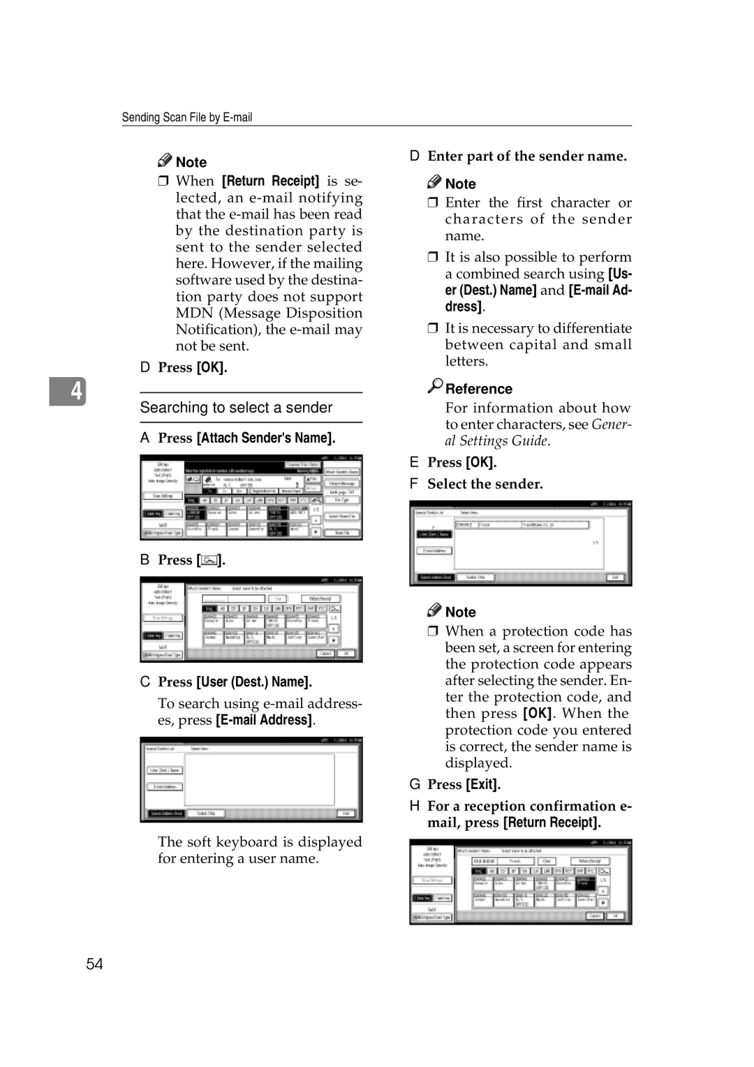 Savin 2045e Searching to select a sender, Press User Dest. Name, Enter part of the sender name, Press OK Select the sender 