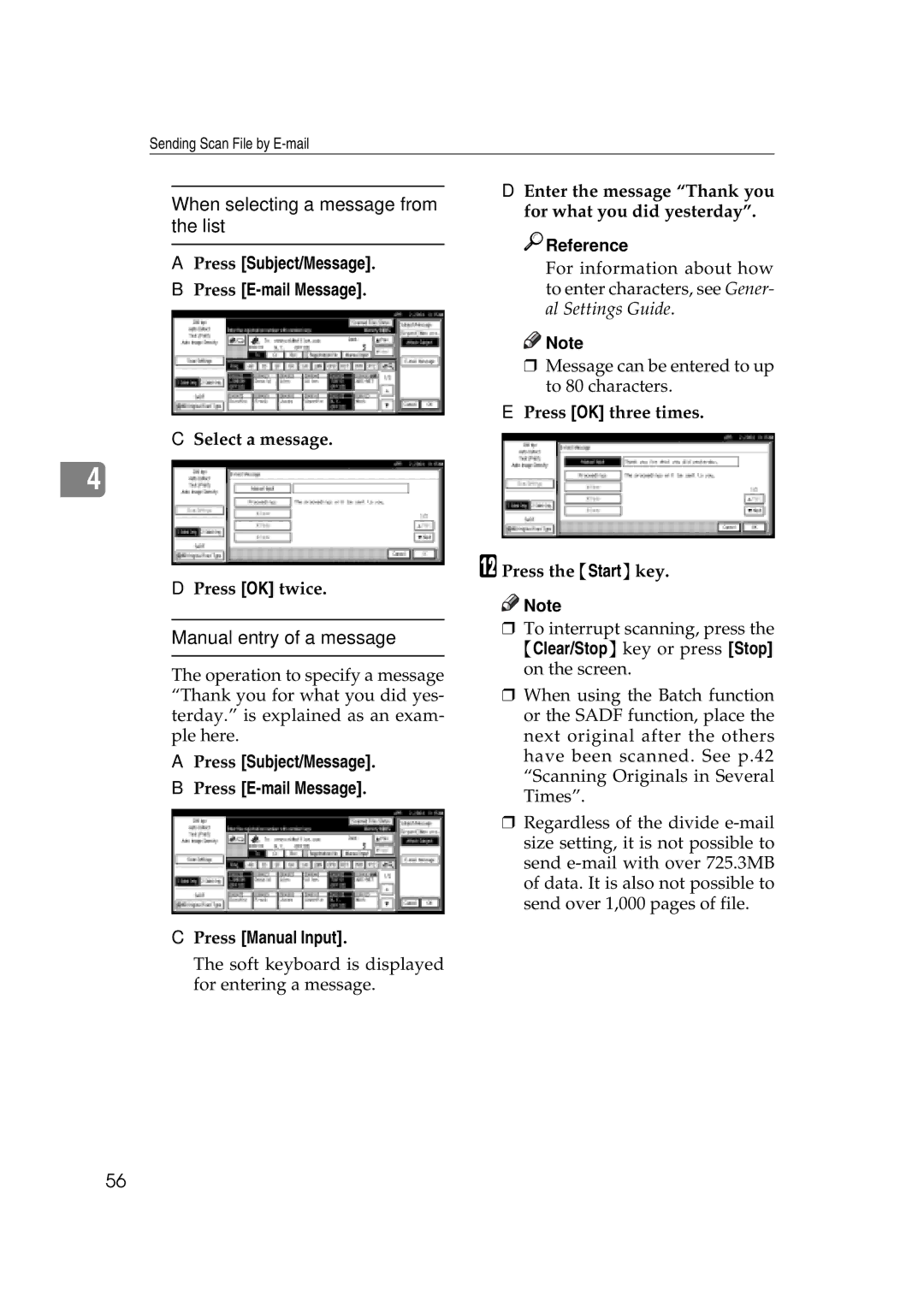 Savin 2045e When selecting a message from the list, Manual entry of a message, Press Subject/Message Press E-mail Message 