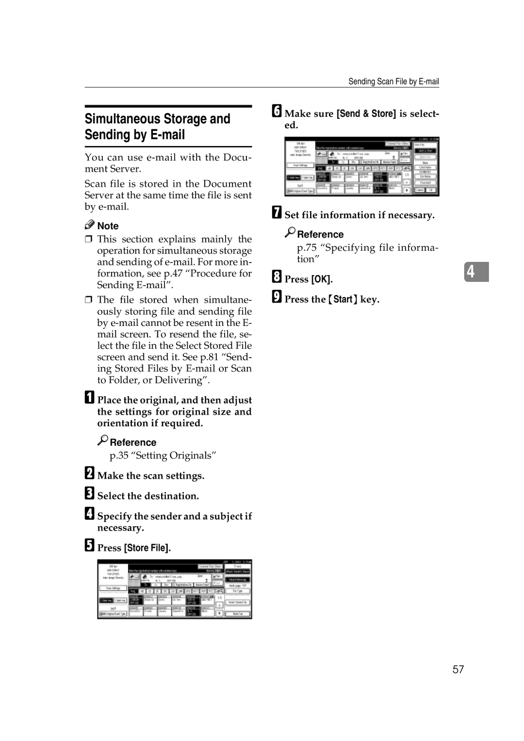 Savin 2045e appendix Simultaneous Storage and Sending by E-mail, Press Store File 