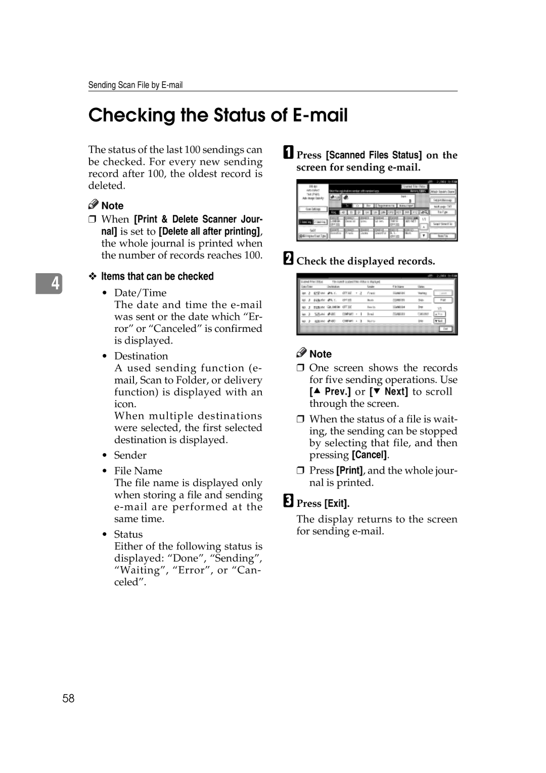 Savin 2045e appendix Checking the Status of E-mail, Items that can be checked 