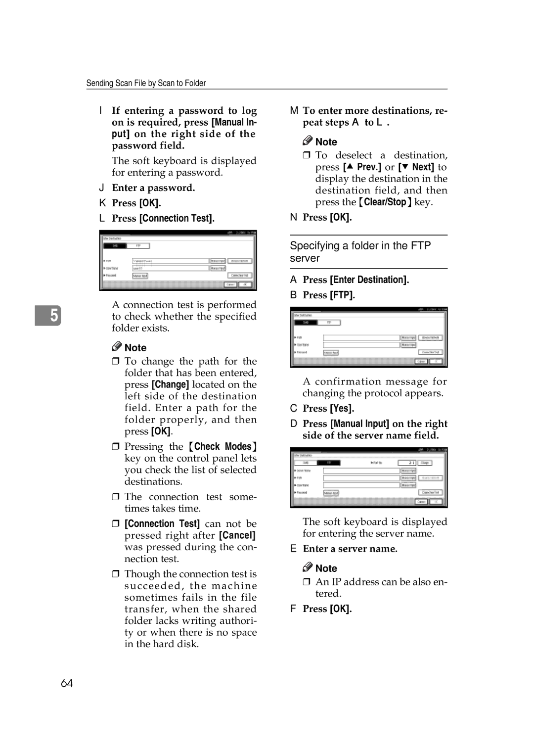 Savin 2045e appendix Specifying a folder in the FTP server, Press Connection Test 