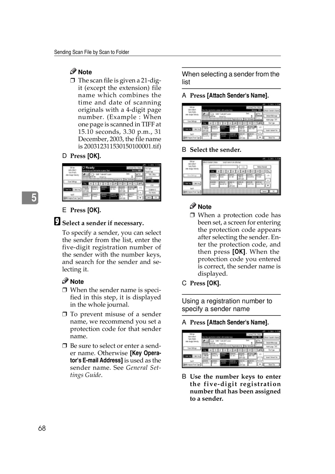 Savin 2045e appendix When selecting a sender from the list, Select the sender Press OK Select a sender if necessary 