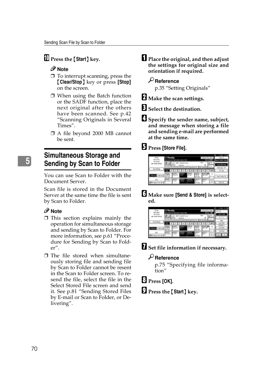 Savin 2045e appendix Sending by Scan to Folder, Press OK Press the Startkey 