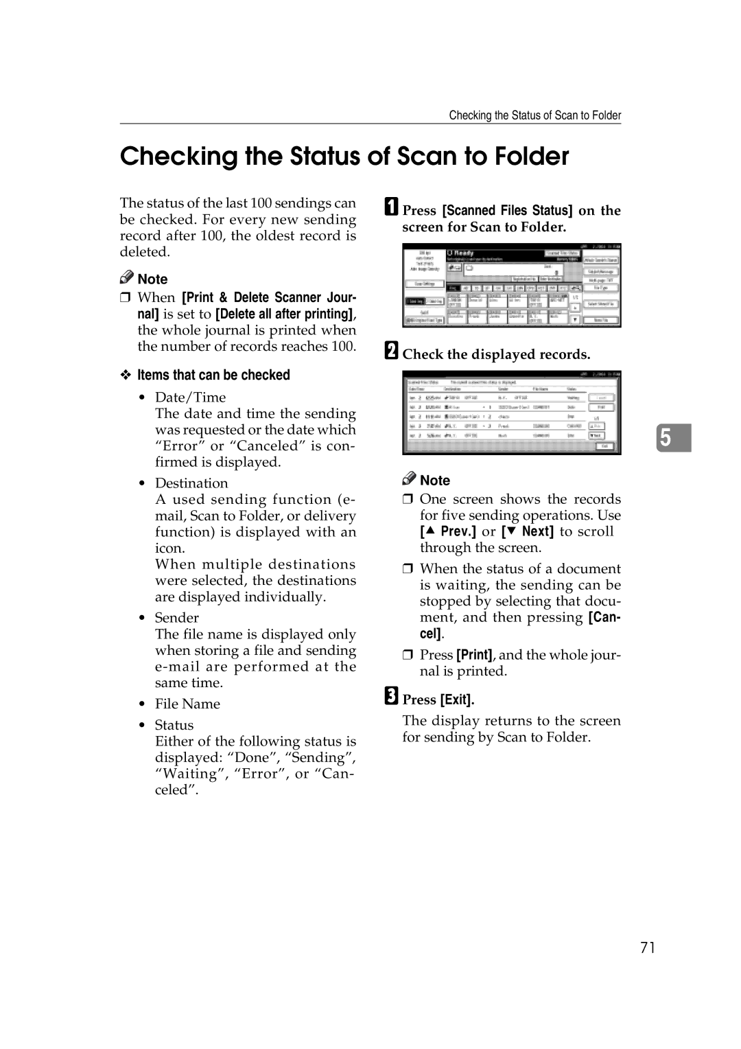 Savin 2045e appendix Checking the Status of Scan to Folder, Items that can be checked 