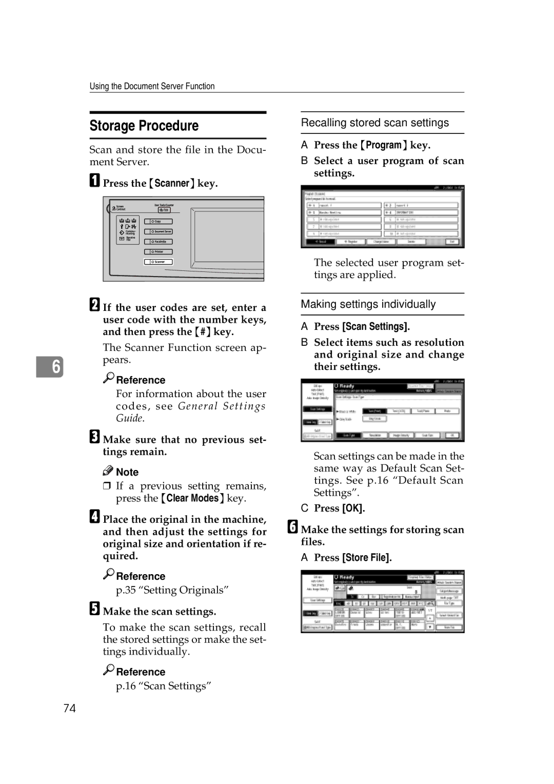 Savin 2045e Storage Procedure, Making settings individually, Press the Programkey Select a user program of scan settings 