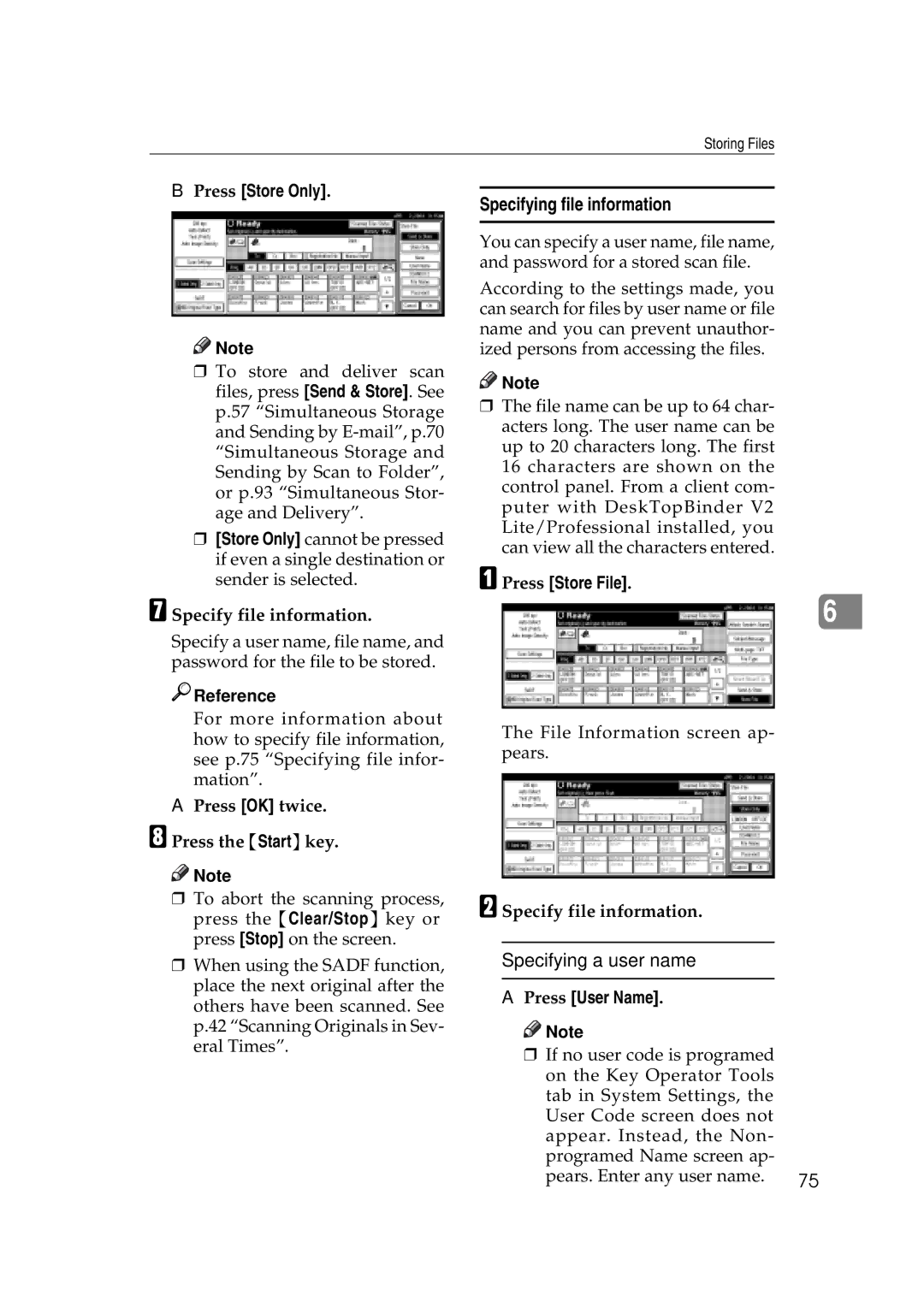 Savin 2045e appendix Specifying file information, Specifying a user name, Press Store Only, Press User Name 