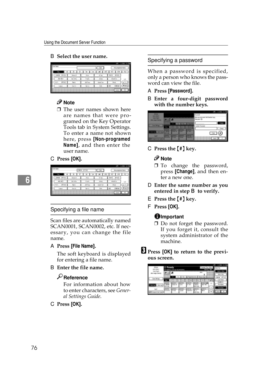 Savin 2045e appendix Specifying a file name, Specifying a password, Press Password 