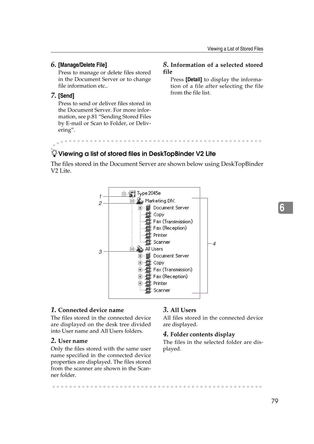 Savin 2045e appendix Viewing a list of stored files in DeskTopBinder V2 Lite, Manage/Delete File, Send 