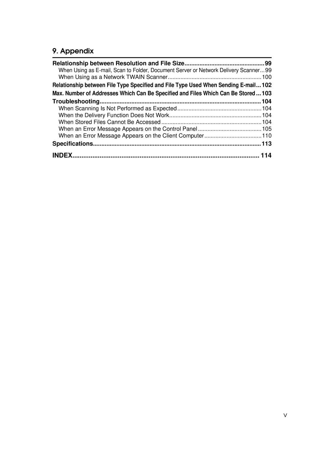 Savin 2045e appendix 114, 102, 103, Troubleshooting 104, Specifications 113 