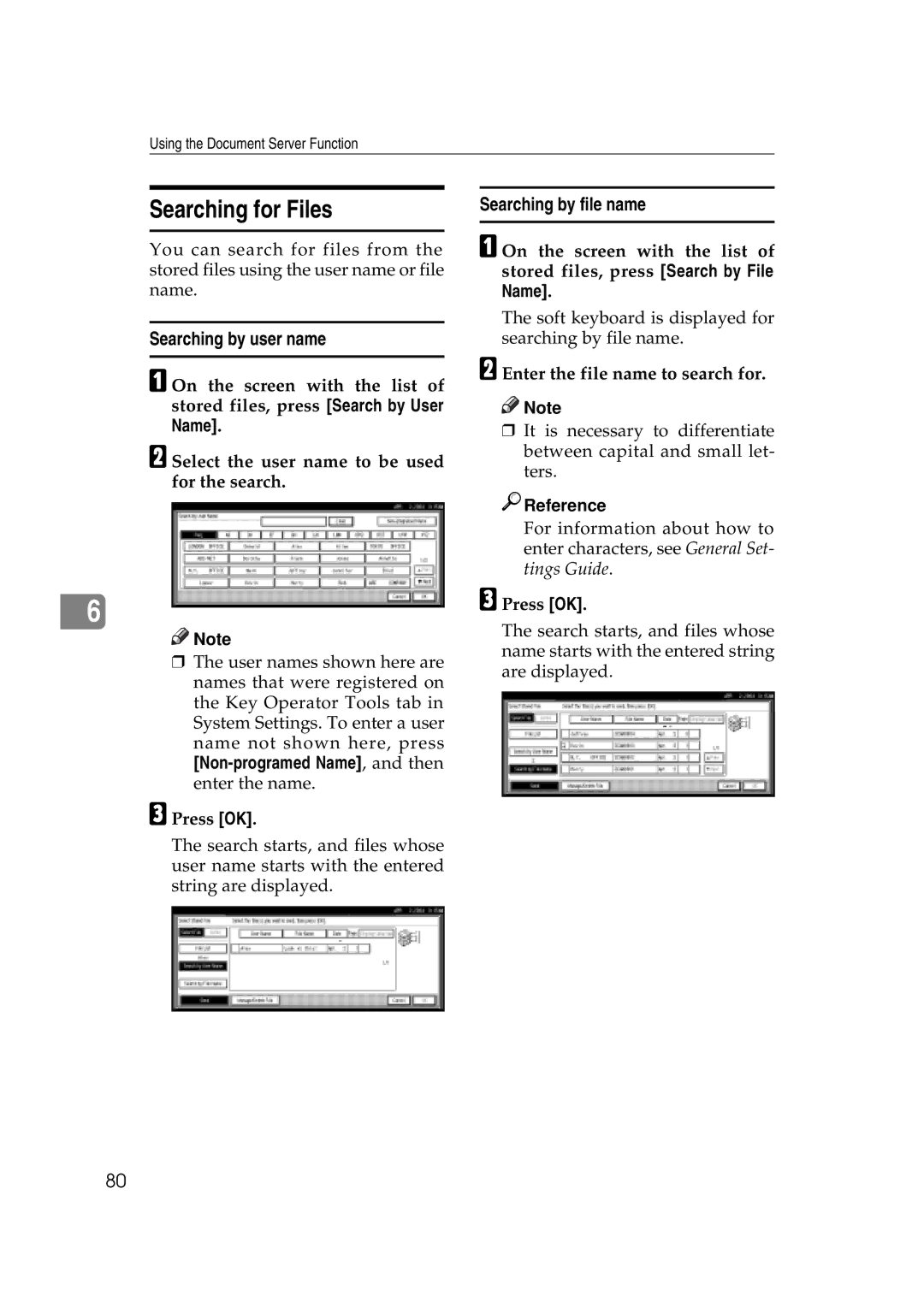 Savin 2045e appendix Searching for Files, Searching by user name, Searching by file name, Enter the file name to search for 