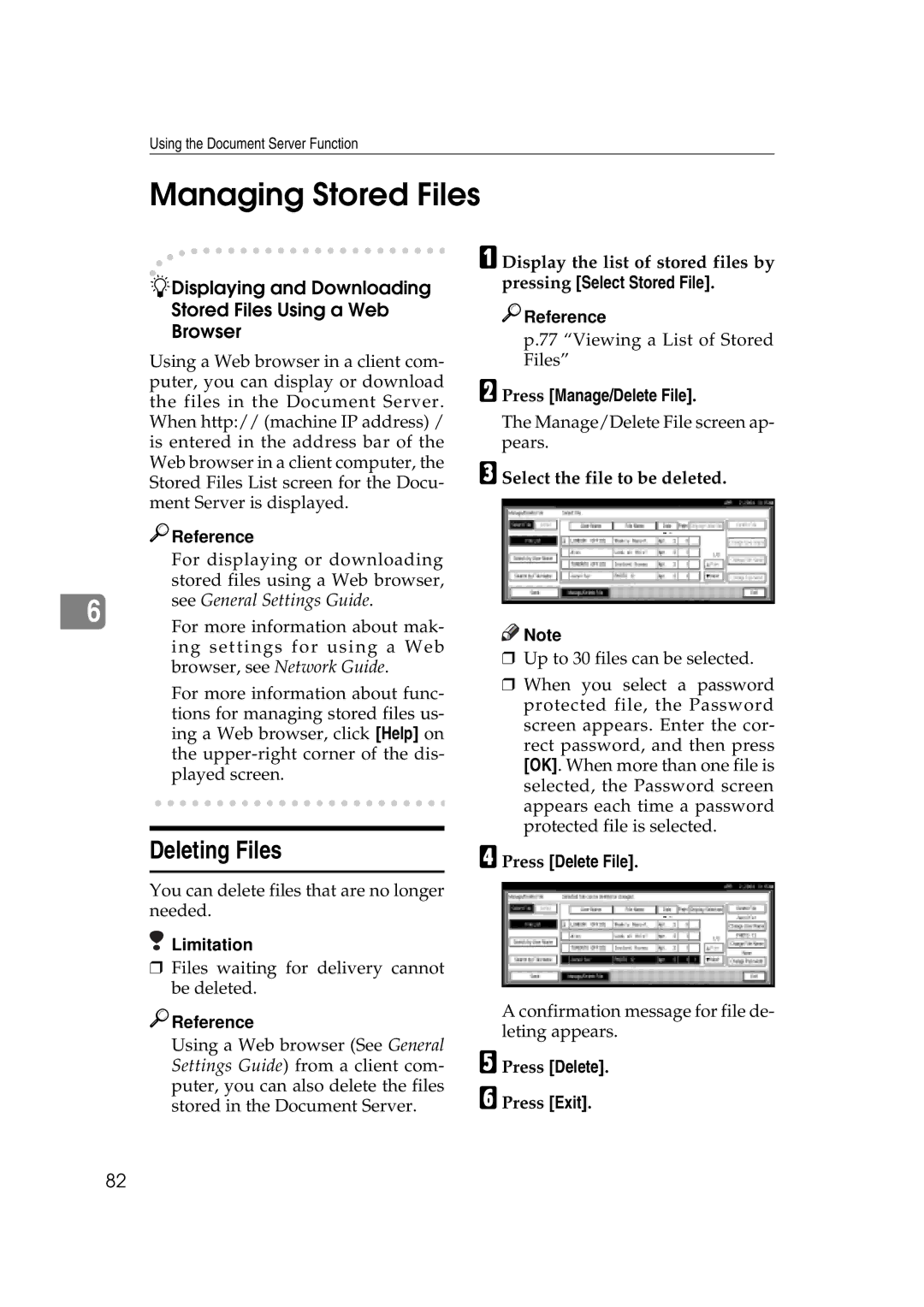 Savin 2045e appendix Managing Stored Files, Deleting Files, Displaying and Downloading Stored Files Using a Web Browser 