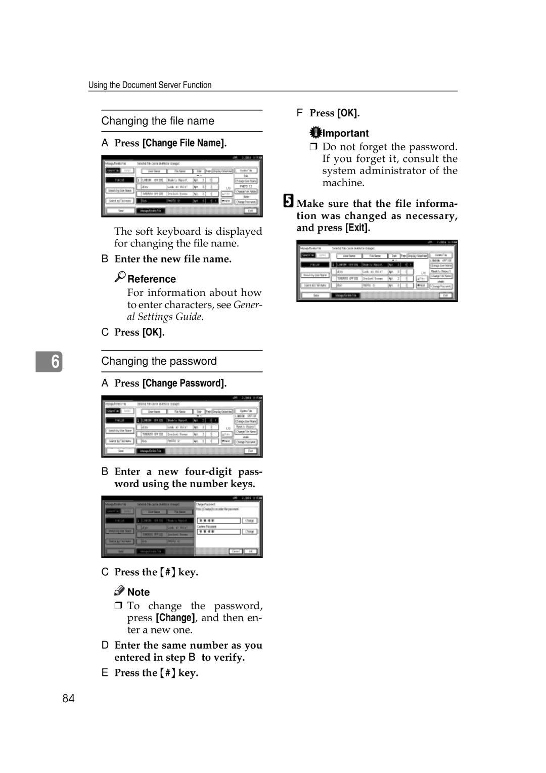 Savin 2045e appendix Changing the file name, Changing the password, Press Change File Name, Enter the new file name 