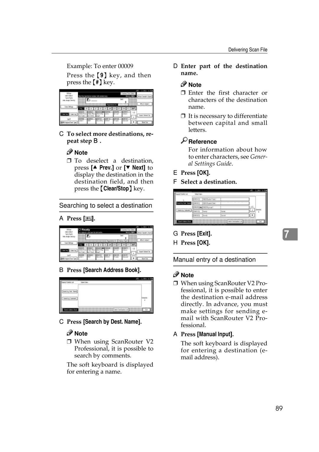 Savin 2045e appendix Searching to select a destination, Manual entry of a destination, Enter part of the destination name 