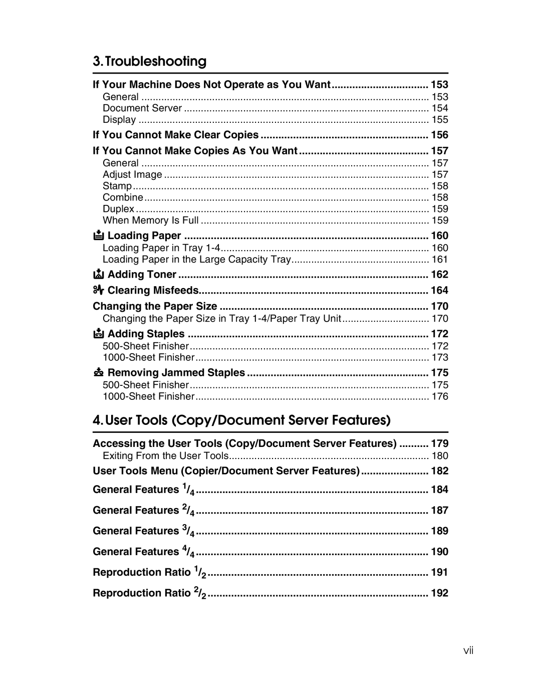 Savin 2212, 2712 manual If Your Machine Does Not Operate as You Want 153, Loading Paper 160, Adding Staples 172 