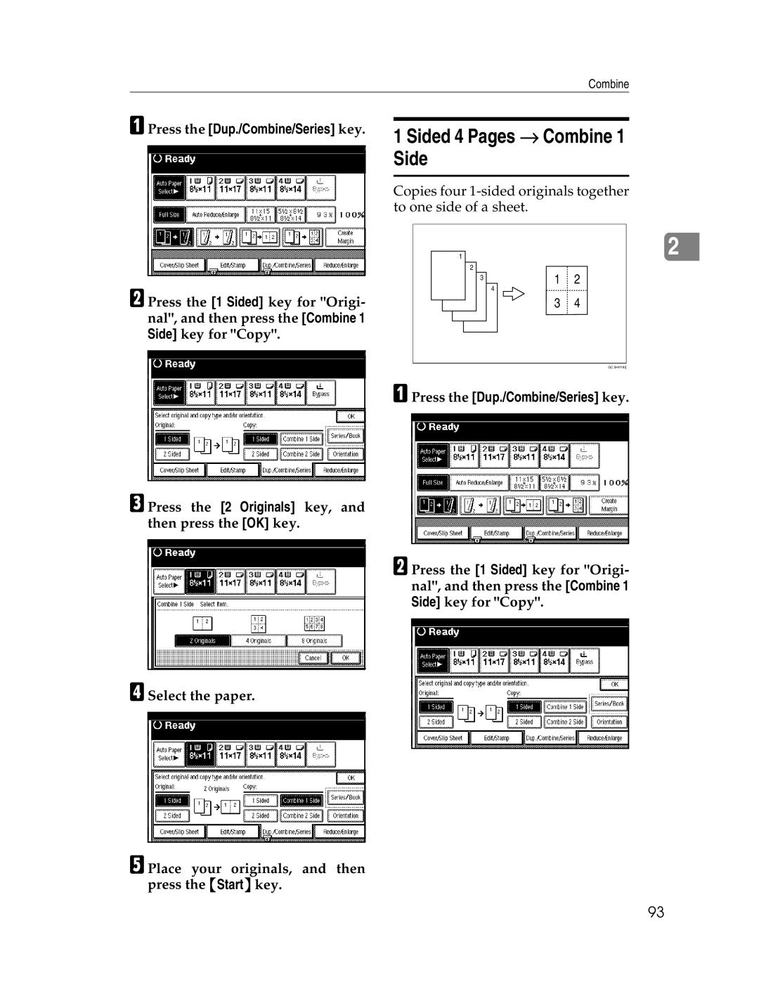 Savin 2212, 2712 manual Sided 4 Pages → Combine, APress the Dup./Combine/Series key 