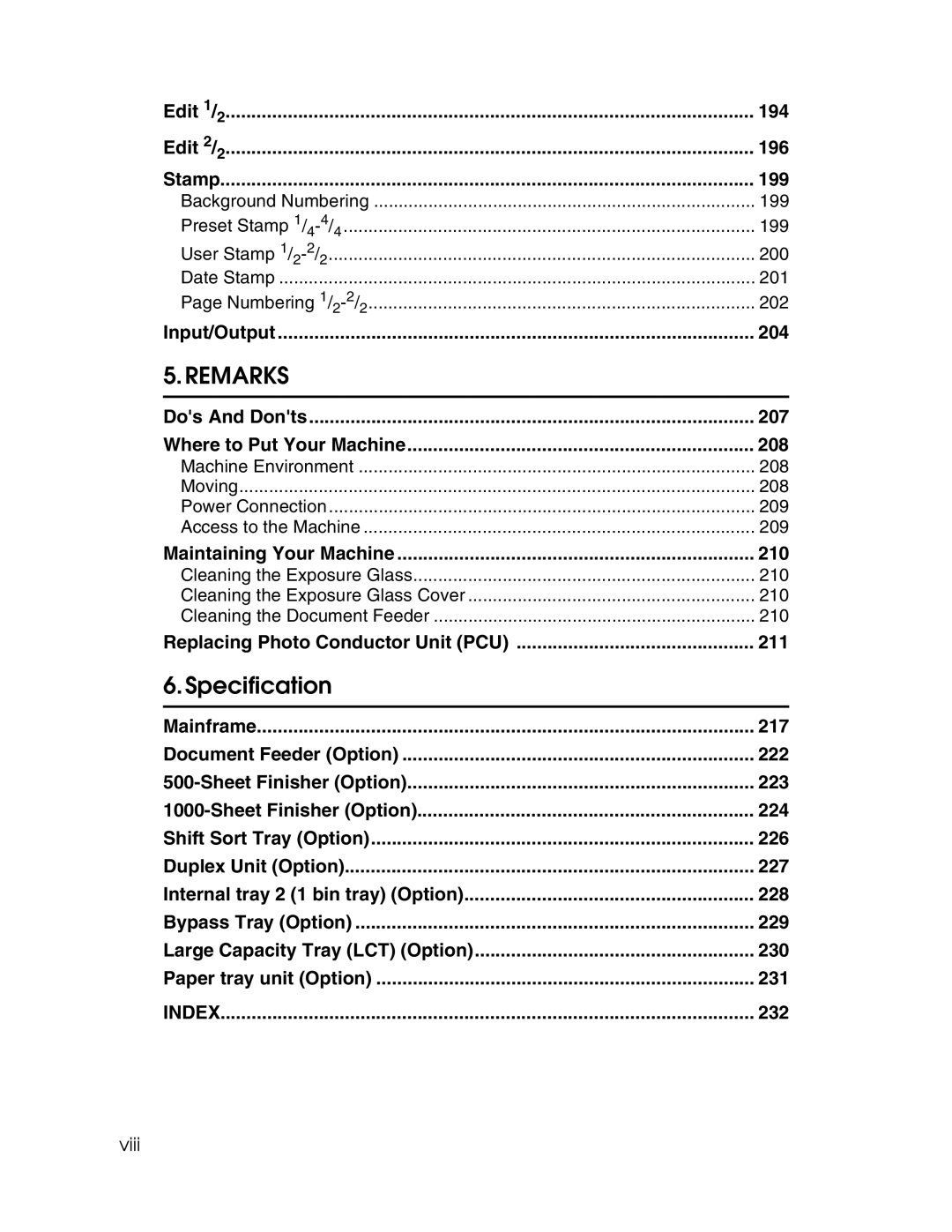 Savin 2712 Edit 194 196, 199, 204, Dos And Donts 207 Where to Put Your Machine 208, Maintaining Your Machine 210, 232 