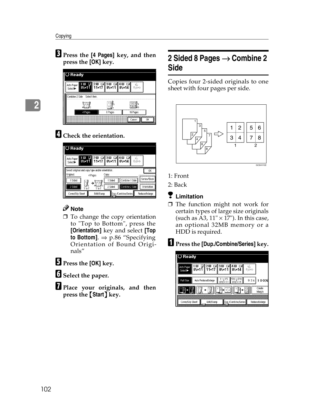 Savin 2712, 2212 manual Sided 8 Pages → Combine, 102 