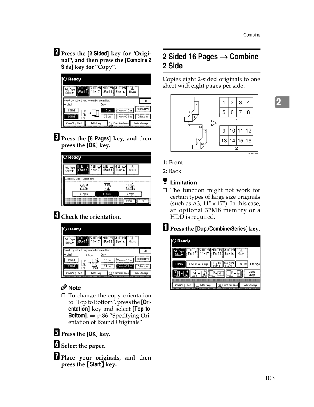 Savin 2212, 2712 manual Sided 16 Pages → Combine, 103 