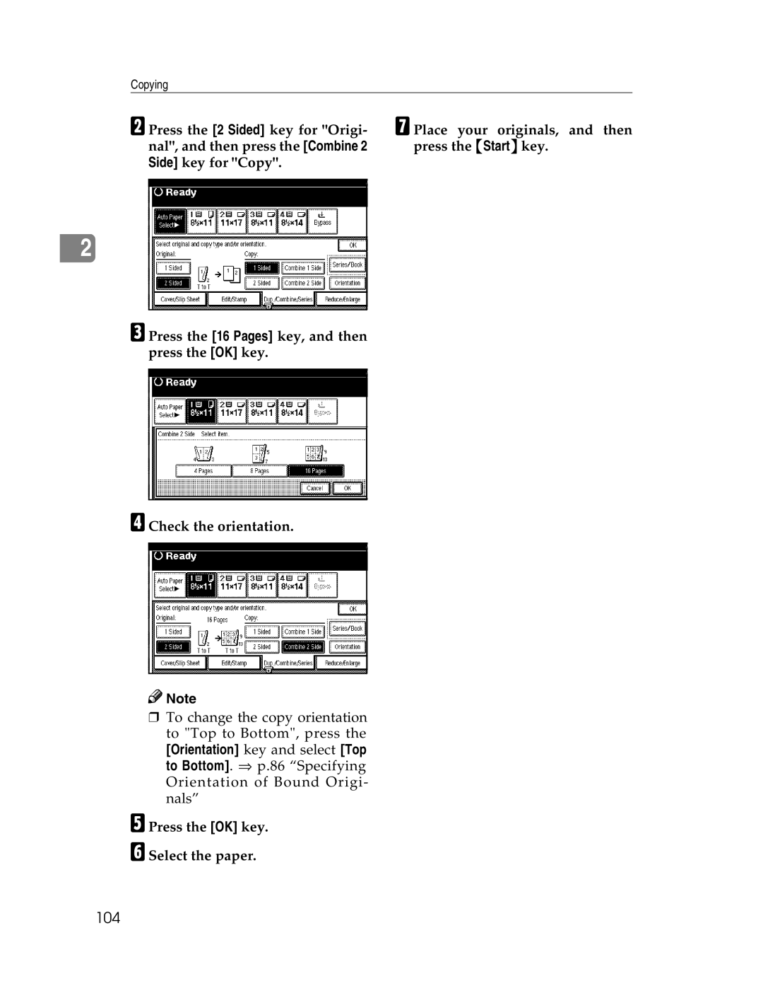 Savin 2712, 2212 manual 104, EPress the OK key FSelect the paper 