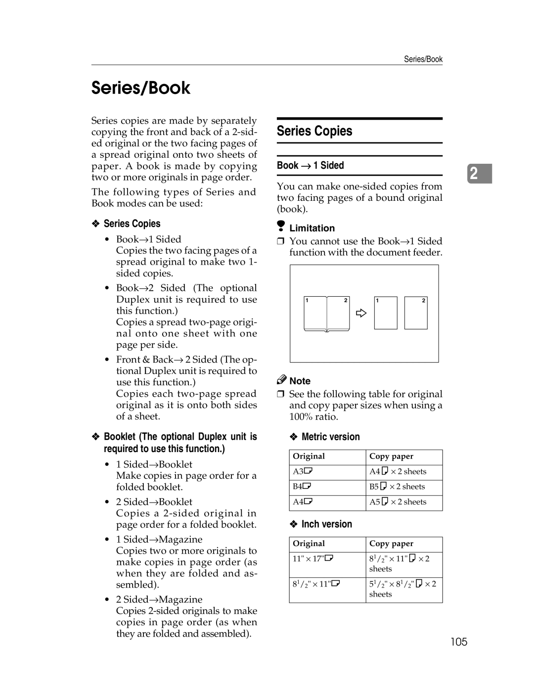 Savin 2212, 2712 manual Series/Book, Series Copies, Book → 1 Sided, 105 