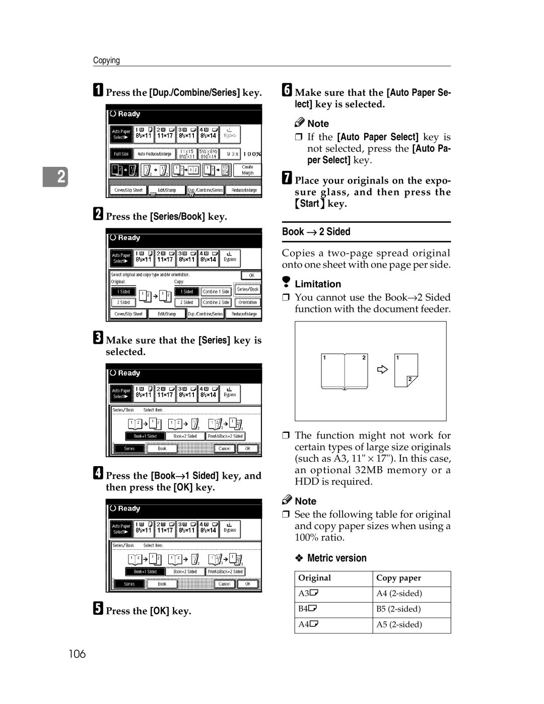 Savin 2712, 2212 manual Book → 2 Sided, 106, CMake sure that the Series key is selected 