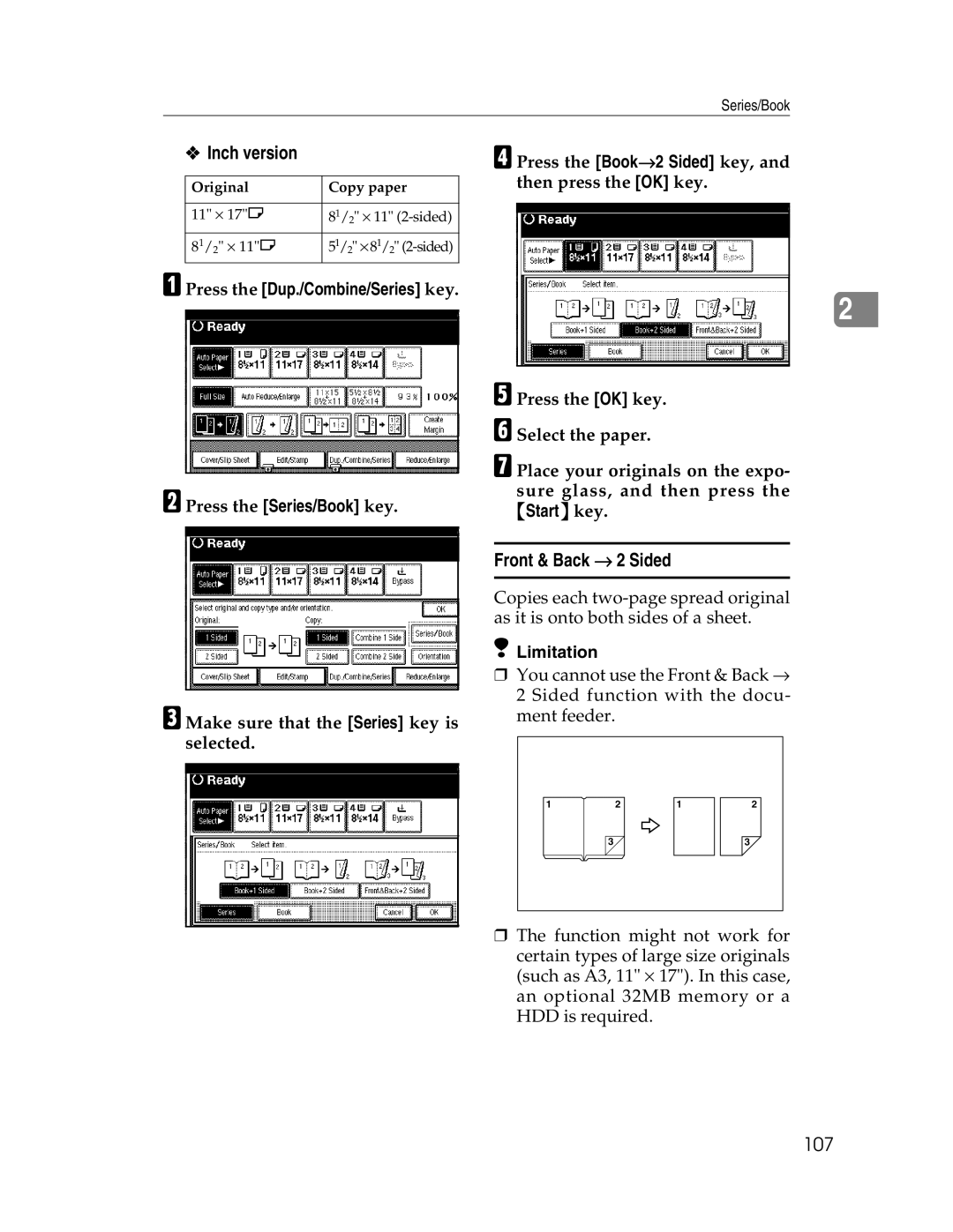 Savin 2212, 2712 manual Front & Back → 2 Sided, 107 