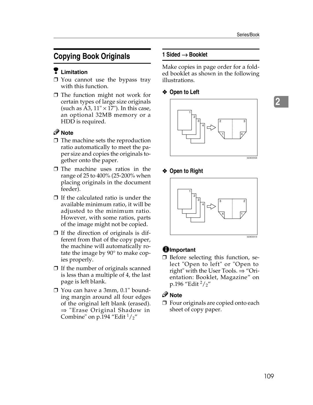 Savin 2212, 2712 manual Copying Book Originals, Sided → Booklet, Open to Left, Open to Right, 109 