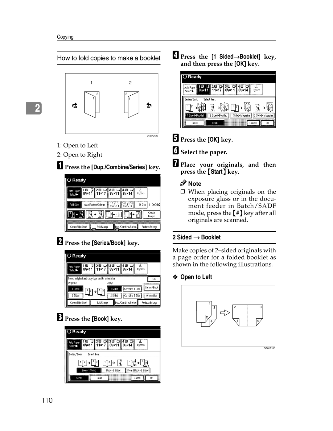 Savin 2712, 2212 manual 110, DPress the 1 Sided→Booklet key, How to fold copies to make a booklet, Then press the OK key 