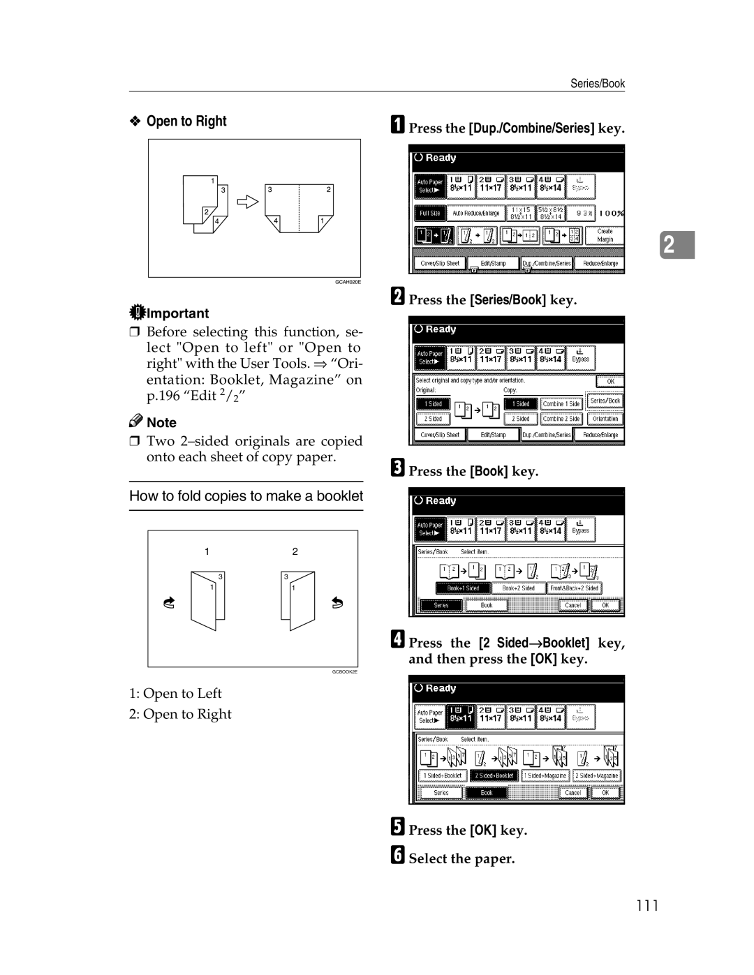 Savin 2212, 2712 manual How to fold copies to make a booklet, 111 