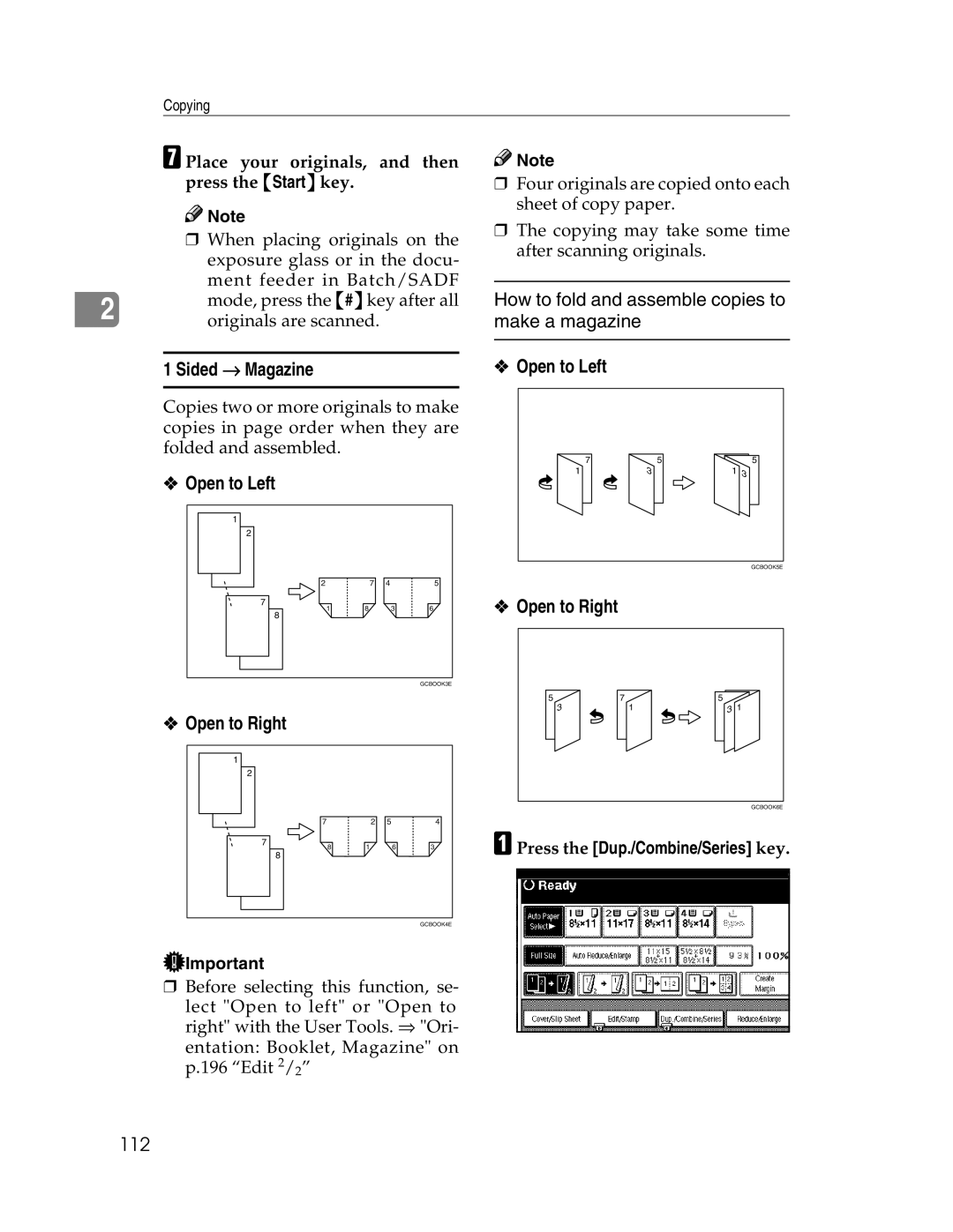 Savin 2712 Sided → Magazine, How to fold and assemble copies to make a magazine, 112, Press the Dup./Combine/Series key 