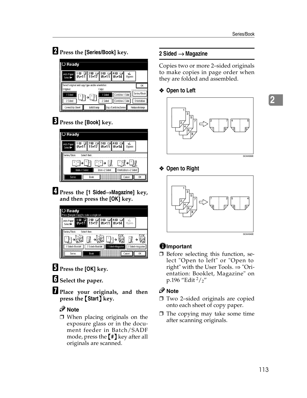 Savin 2212, 2712 manual Open to Left Open to Right, 113, BPress the Series/Book key CPress the Book key 