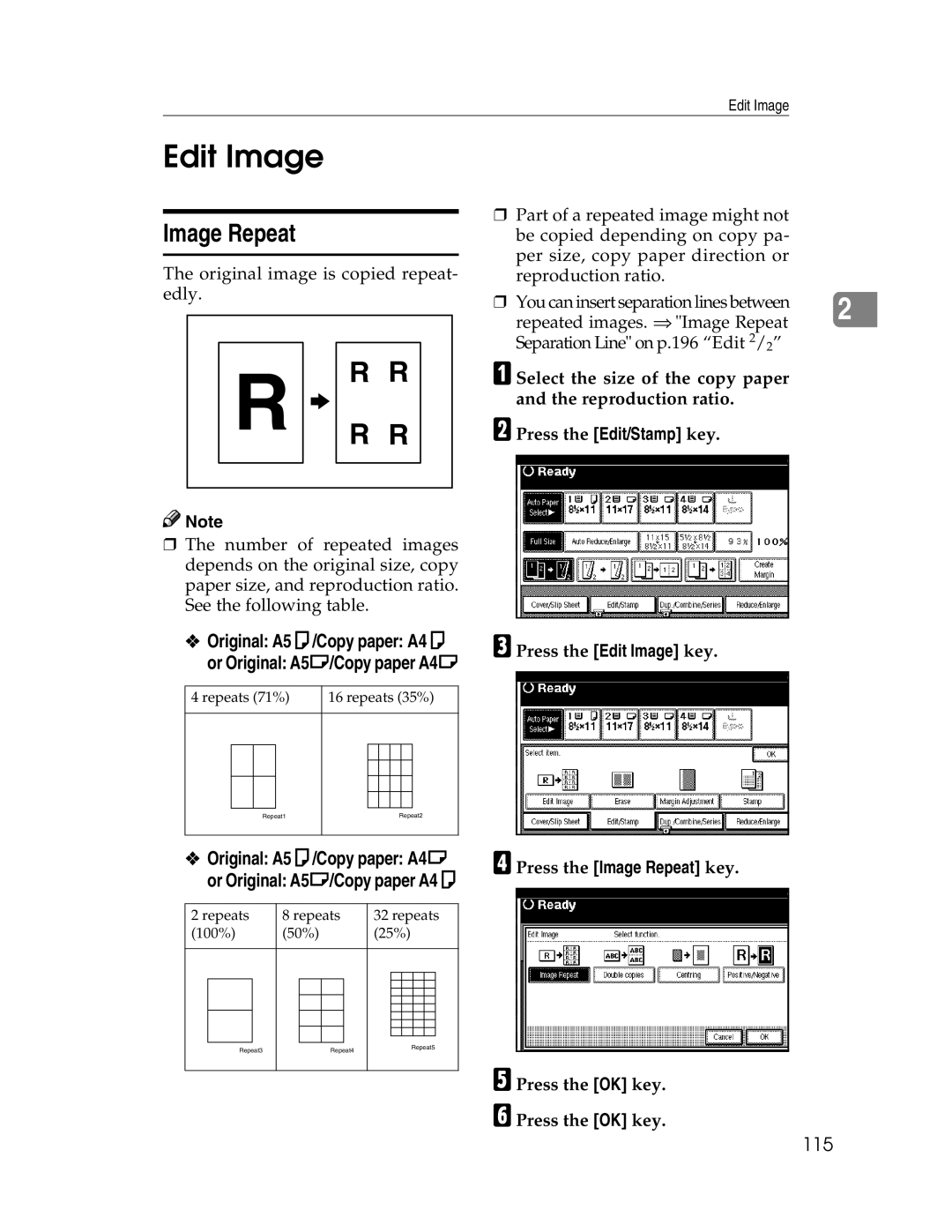 Savin 2212, 2712 manual Edit Image, Image Repeat, Original A5K/Copy paper A4K Or Original A5L/Copy paper A4L, 115 