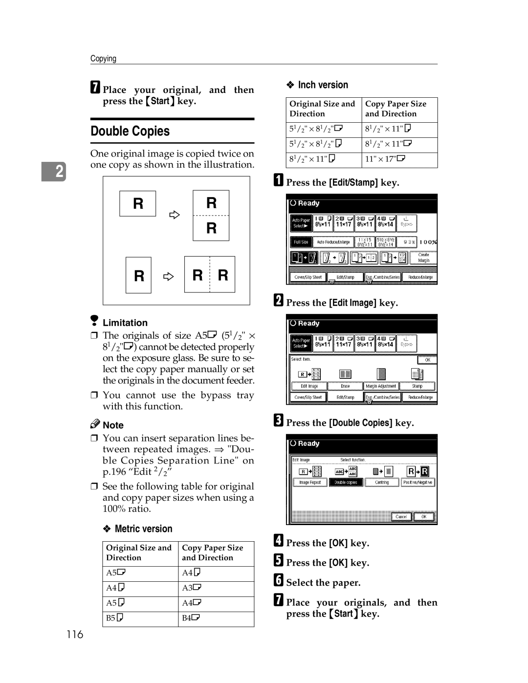 Savin 2712, 2212 manual 116, GPlace your original, and then press the Startkey, CPress the Double Copies key 