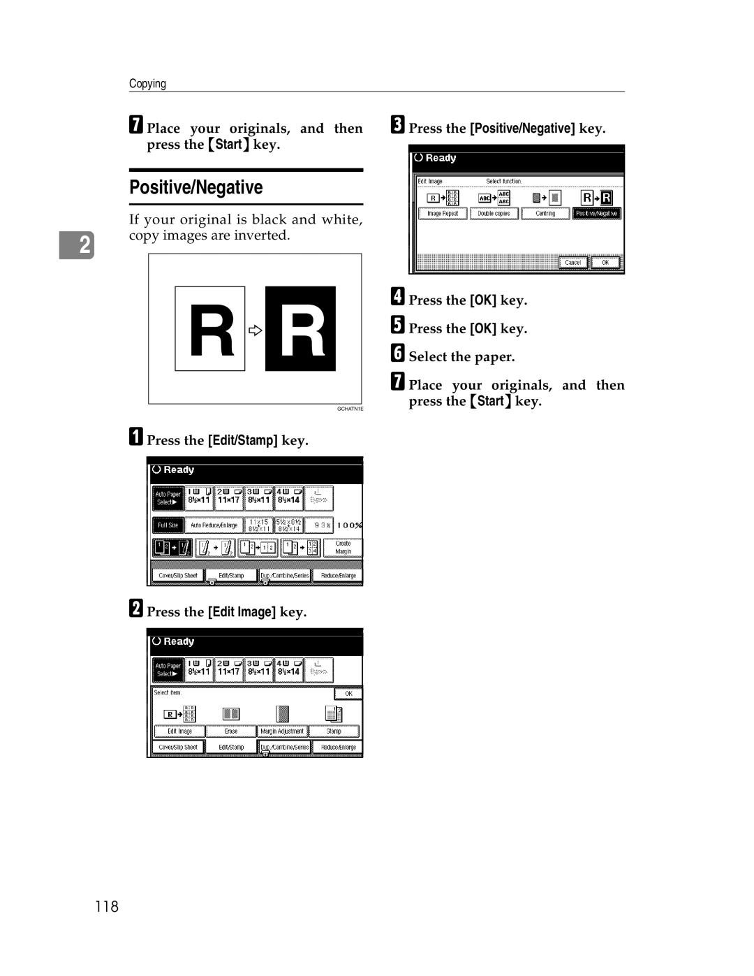 Savin 2712, 2212 manual 118, APress the Edit/Stamp key, CPress the Positive/Negative key 