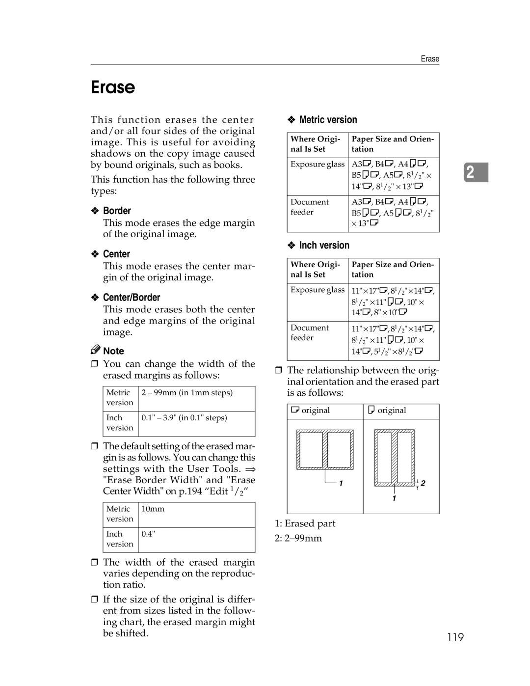 Savin 2212, 2712 manual Erase, Center/Border, 119 