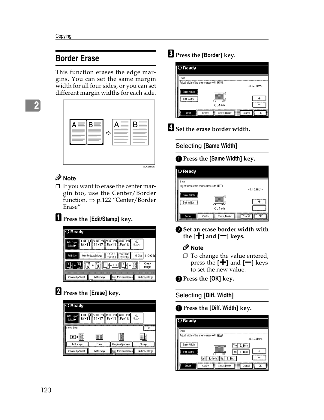 Savin 2712, 2212 manual Border Erase, Selecting Same Width, Selecting Diff. Width, 120, APress the Diff. Width key 